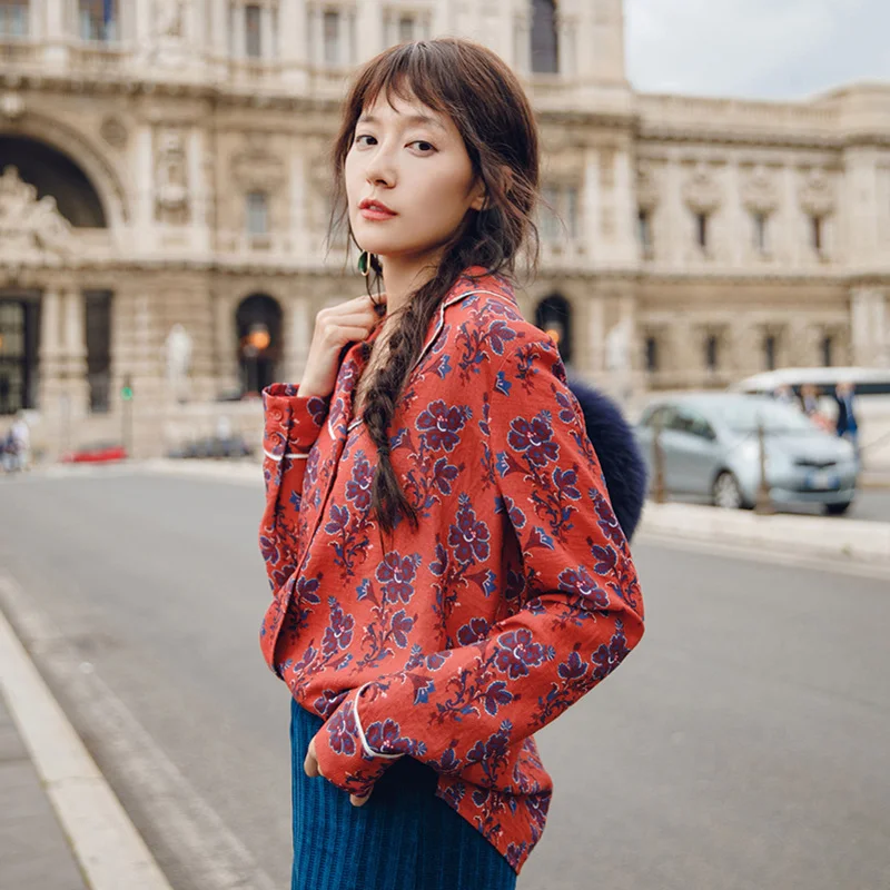 

INMAN Spring Autumn Lapel Retro Style Flower Printing Lazy Wind Long Sleeve Women Blouse