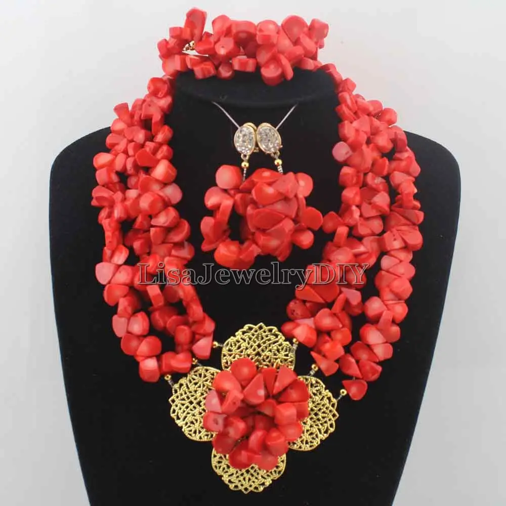 

Stylish Nigerian Wedding African Coral Beads Jewelry Set Handmade Indian Dubai Bridal Necklace Sets Free Shipping HD7008