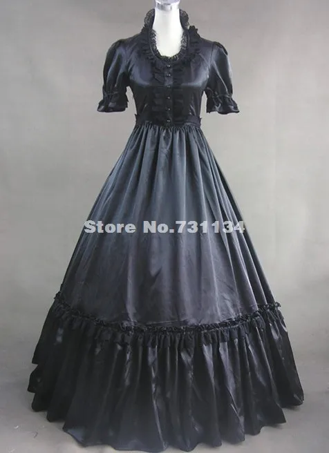 Черная атласная викторианская готика платье период бальное платье женская театральная Одежда Хэллоуин платья костюм