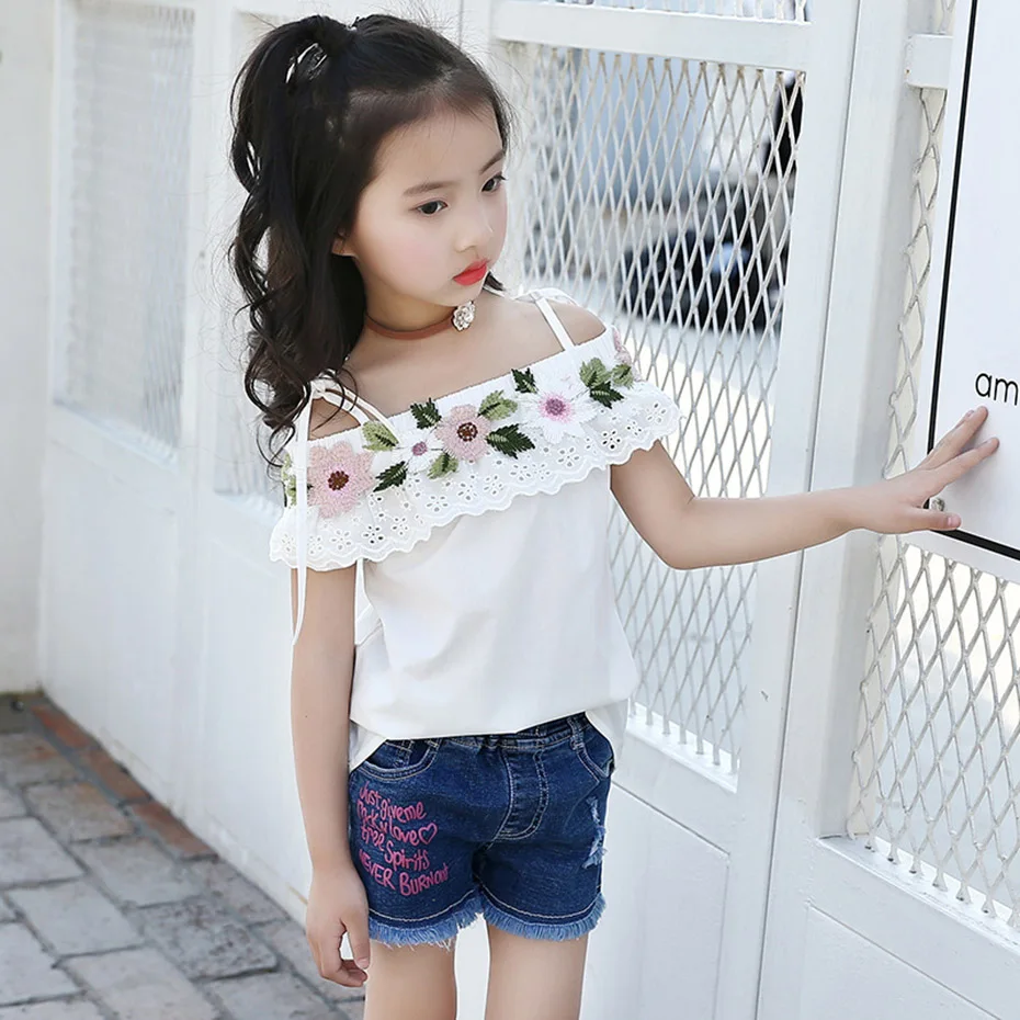 

T-Shirts For Girls Flower Embroidery Girl T-Shirt Sleeveless T Shirt Kids Teenage Summer Clothes For Kids Girl 6 8 10 12 14 Year