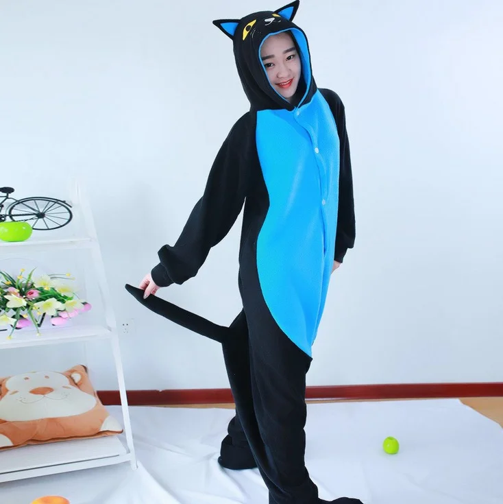 Кигуруми взрослых Onesie Черный кот пижамы Полуночный Кот пижама в виде костюм косплея унисекс мультфильм спальный костюм - Цвет: fleece