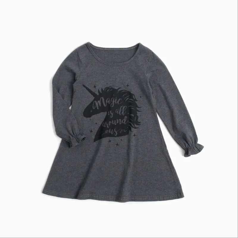 

Kids 'Wearing Girls' Cotton Print Kids Princess Dresses Round Collar Cartoon Unicorn Long Sleeve Dress