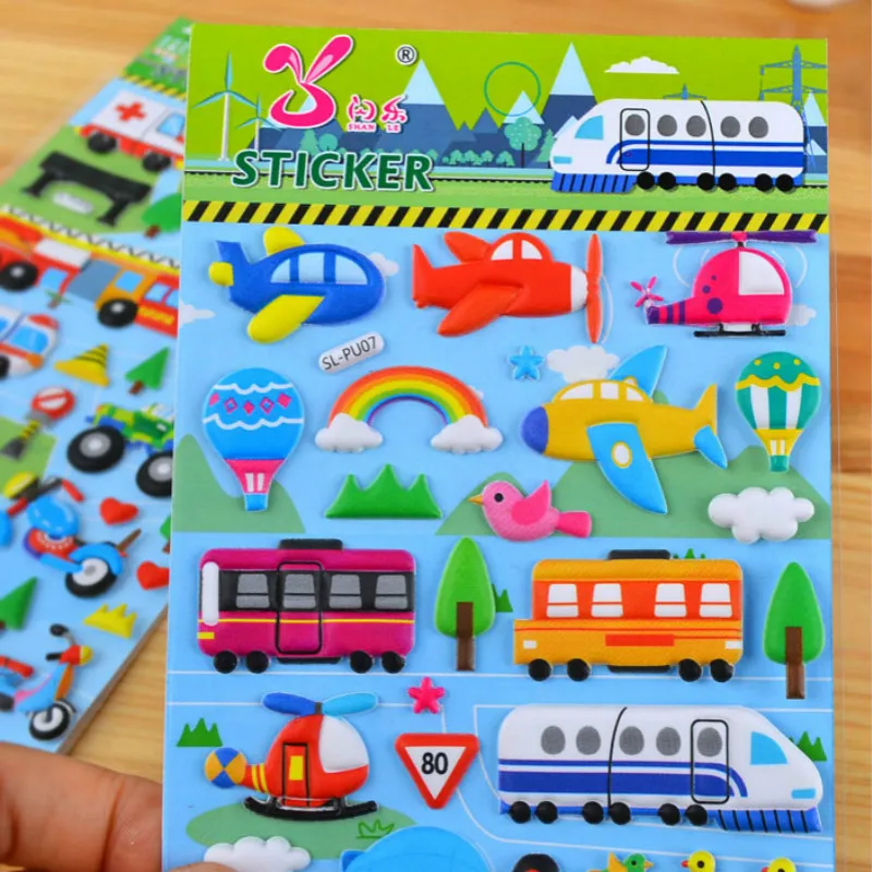 

2pcs Children Cartoon Car PVC Bubble Puffy Sticky Notbook Lable Kids Baby Transport study Stickers School Teacher Reward Toy