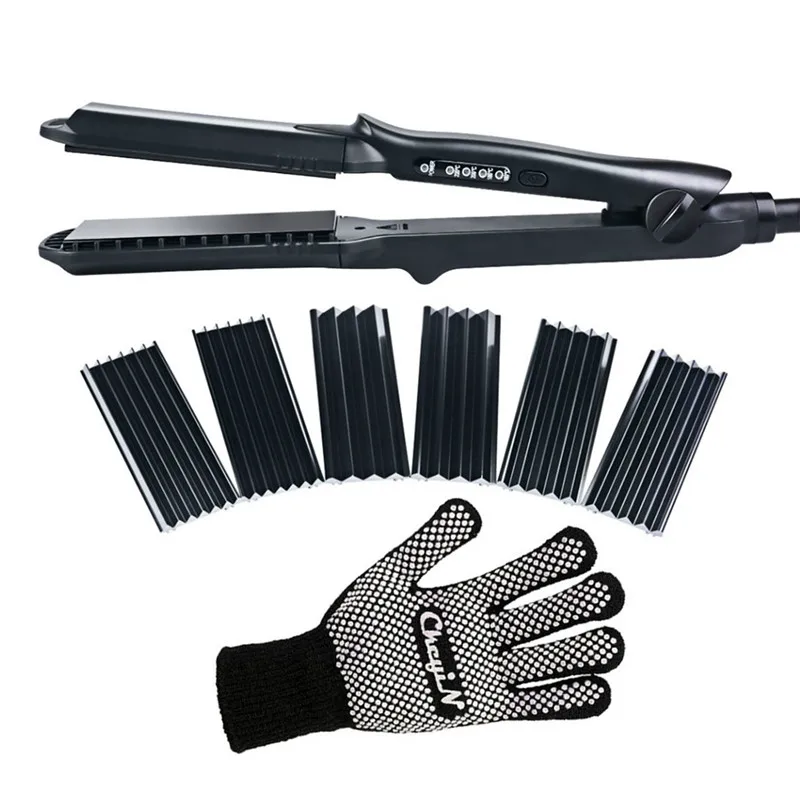 

4 in 1 Hair Straightener Crimper Ceramic Hair Curler Styler Interchangeable Plates Corrugated Curling Flat Iron Interchangeable