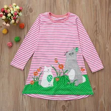 Праздничное платье принцессы с вышитым кроликом для маленьких девочек; платье трапециевидной формы в красную полоску с круглым вырезом для маленьких детей; сезон весна-осень