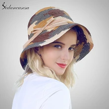 Женские соломенные шляпы из рафии с натуральными широкими полями для женщин, Пляжная летняя кепка ручной работы, соломенная Кепка, вязаная крючком, переносная шляпа от солнца SW105195
