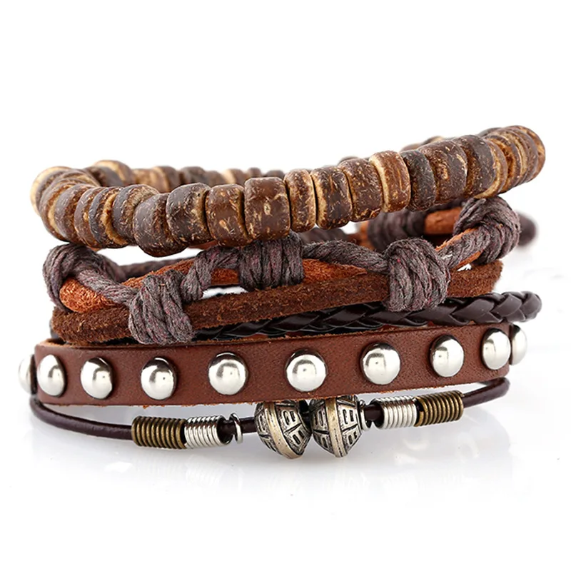 

Retro Ethnic Crafts Alternative Characteristics Coconut Shell Beaded Hemp Rope Rivet Woven Suit Leather Bracelet Men's Jewelry
