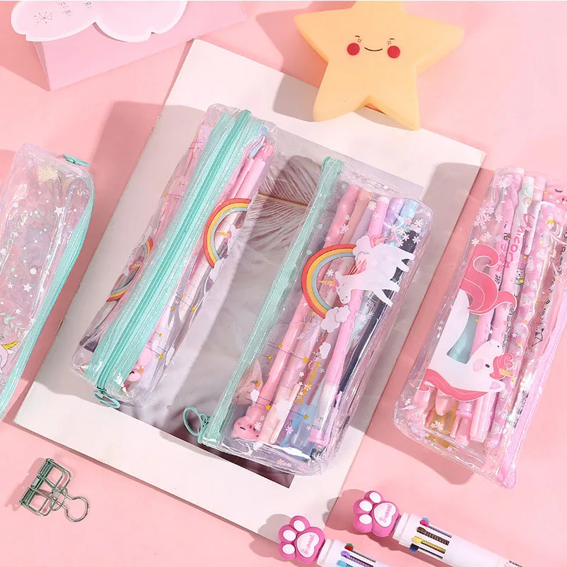Милый чехол карандаш с единорогом Kawaii прозрачный ручка вместительная сумка для