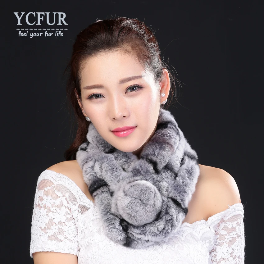 

YCFUR Warm Winter Scarfs Wraps Women Handmade Natural Rex Rabbit Fur Scarves Wraps Female With Fur Pom Neck Scarf Ladies