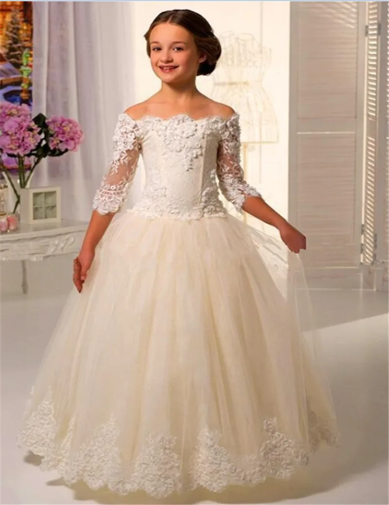Scoop-Lace-Applique-Floor-Length-Tulle-Three-Quarter-Sleeves-Flower-Girl-Dresses-For-Weddings-Girls-First