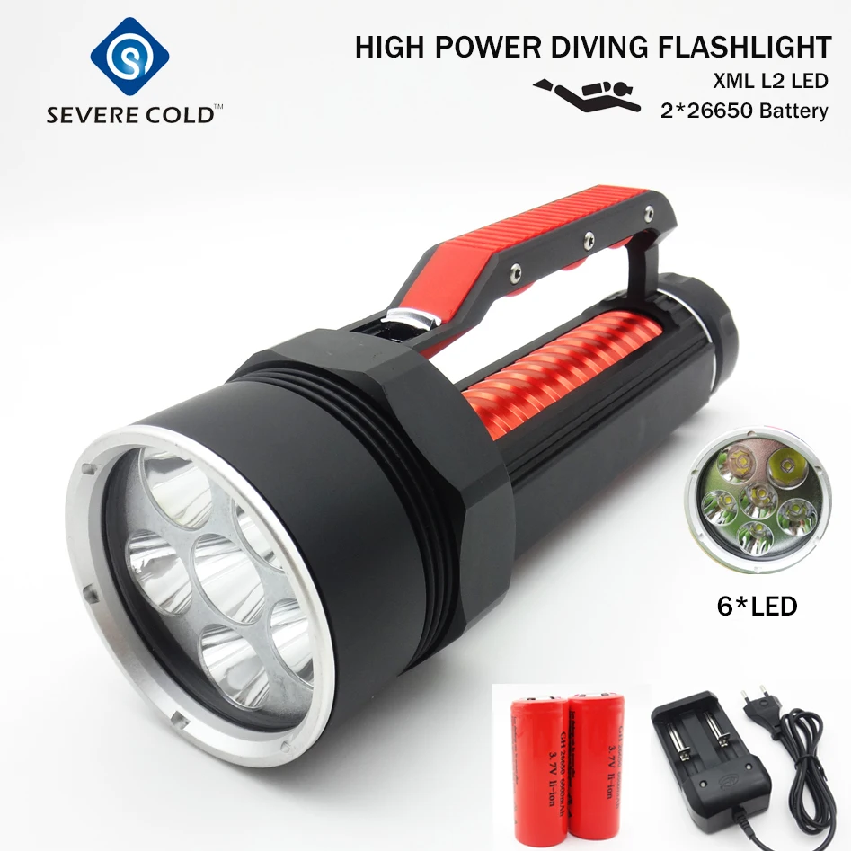 

8000lm LED Diving Flashlight Underwater 6x XM-L L2 Waterproof 26650 Diving Flash Light Lamp Torch +26650 Battery+AC Charger