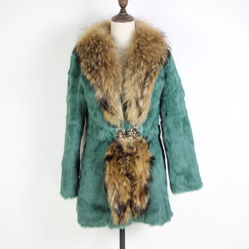 

2019 Real Rabbit Fur Coat From Natural Full Length Women Down Jacket Rabbit Genuine Winter Overcoat big raccoon fur collar