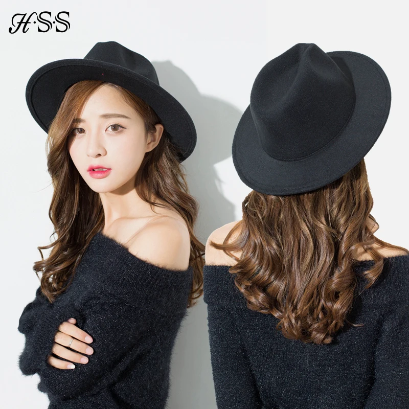 

HSS High Quality New Solid Color Woolen Hat Women's Spring Summer Fedora Cap Retro Black Hats Couple England Leisure Jazz hat