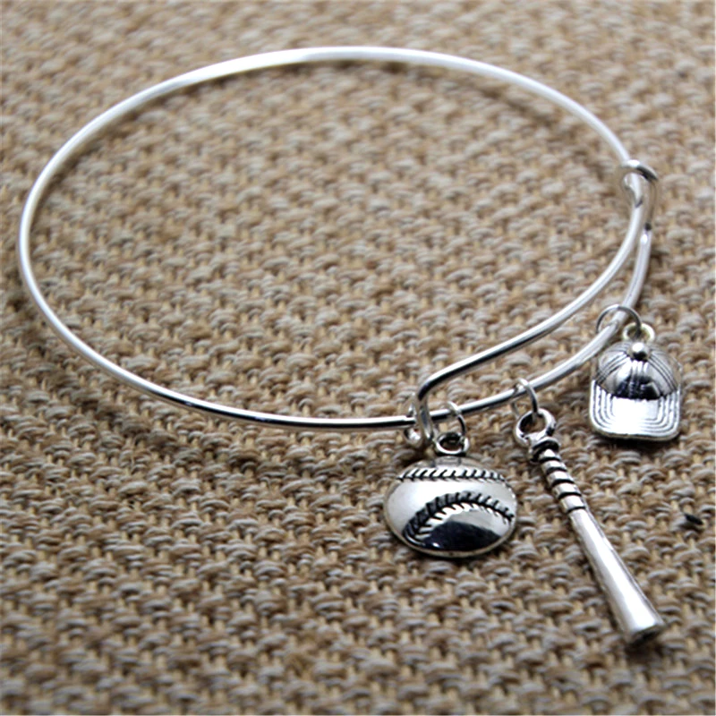 12pcs Baseball Bracelet with bat, baseball/softball and baseball cap charms silver tone bangles