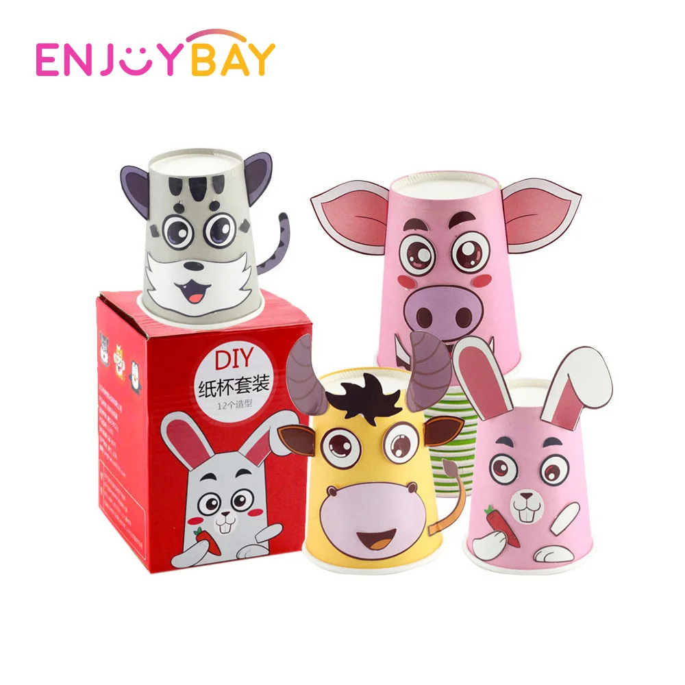 

Enjoybay 12pcs Kids DIY Paper Craft Toys Cartoon Handmade Paper Cups Stickers Kit Funny Educational Preschool Toy for Children