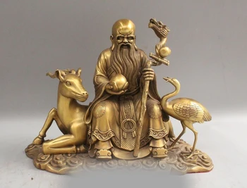

11" Chinese Folk Fengshui Bronze Longevity Star Hand Peach Ride Deer Crane