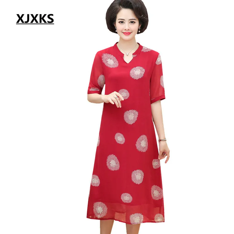 

XJXKS Women's chiffon dress 2019 summer new fashion V-neck short-sleeved digital print loose plus size women's long dress