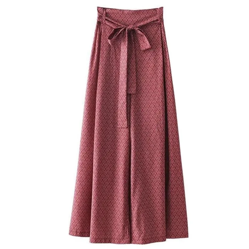 2019  Split Hem Geometric Print Wide Leg Pants Holiday Woman Tide Bow Sashes High Waist Long Loose Casual Trousers