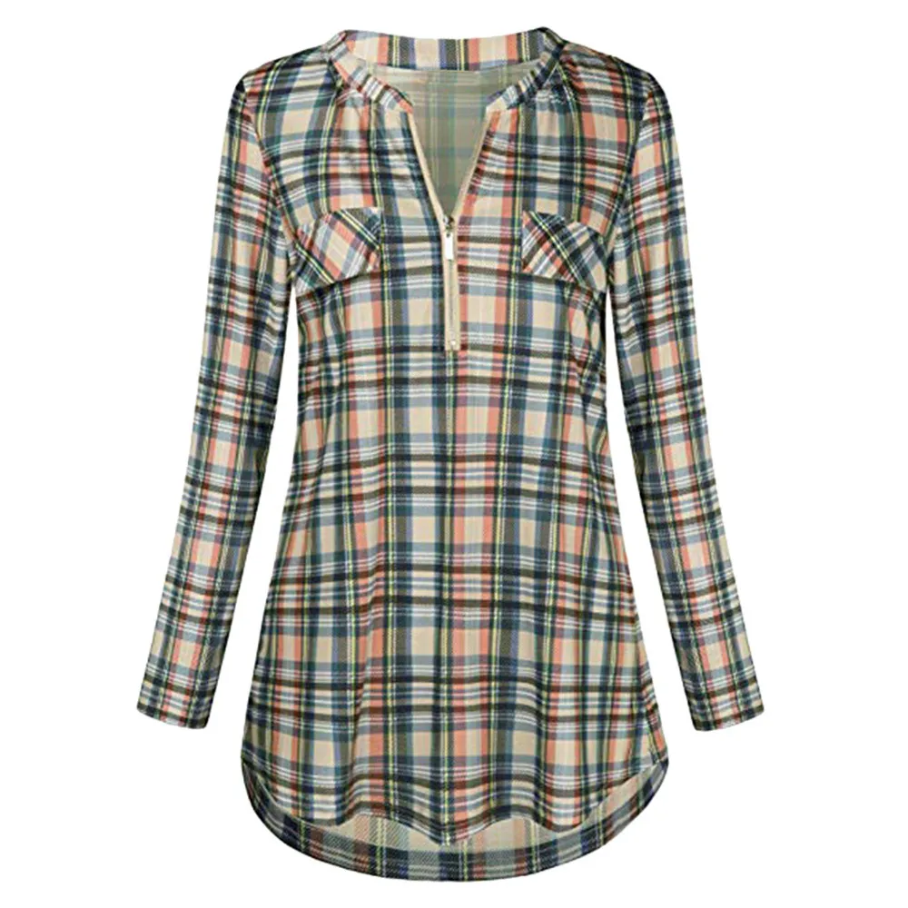 Женская клетчатая длинная блуза на молнии с принтом, Повседневная футболка с v-образным вырезом и свернутым рукавом, туника, топы, блуза blusa de mujer