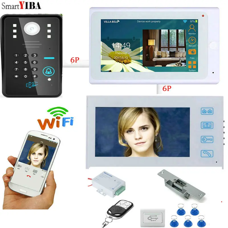 

SmartYIBA 7 Inch HD Touch White Monitors IP Wifi Video Intercom System Doorbell Strike Lock System Wifi Door Access Control Kit