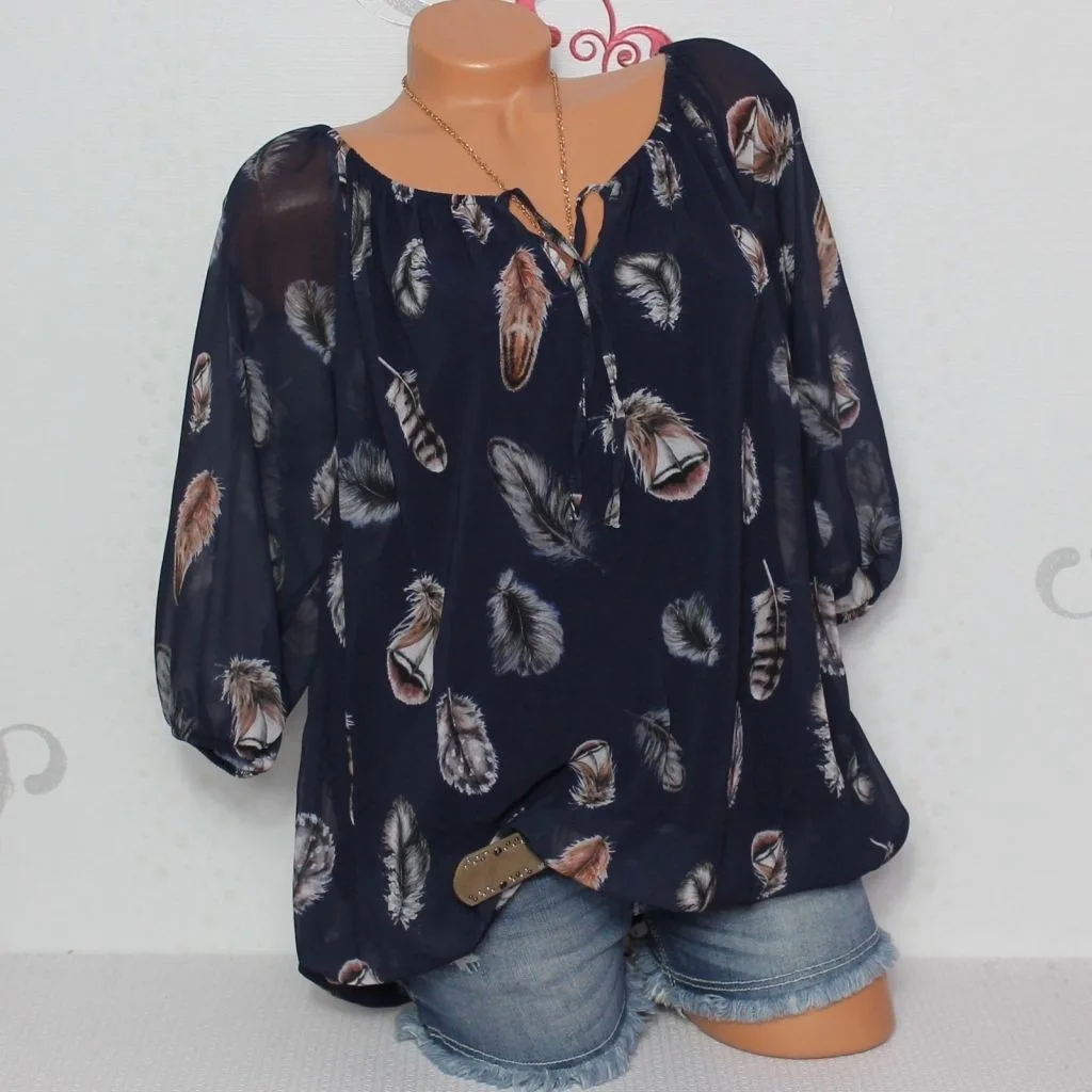 women blouse fashion 2019  female ladies v-neck feather printed long sleeve autumn fall clothing womens top shirt top 90s
