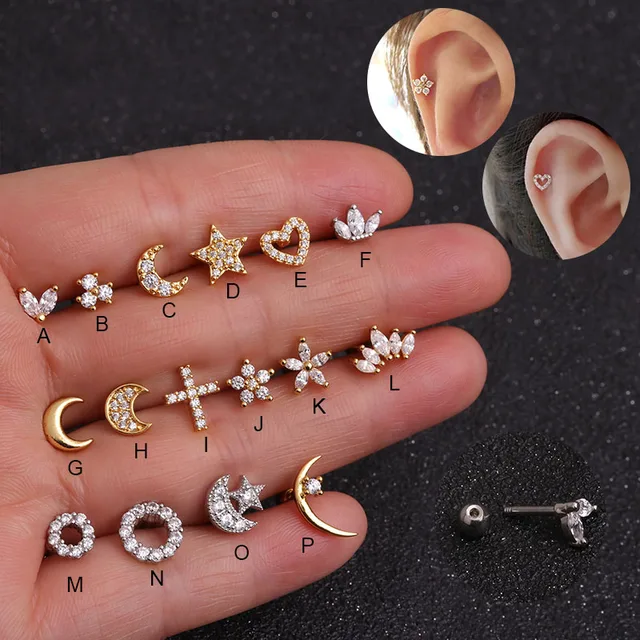 Sellsets Silver And Gold Color CZ Stud Piercing Moon Star Cartilage
