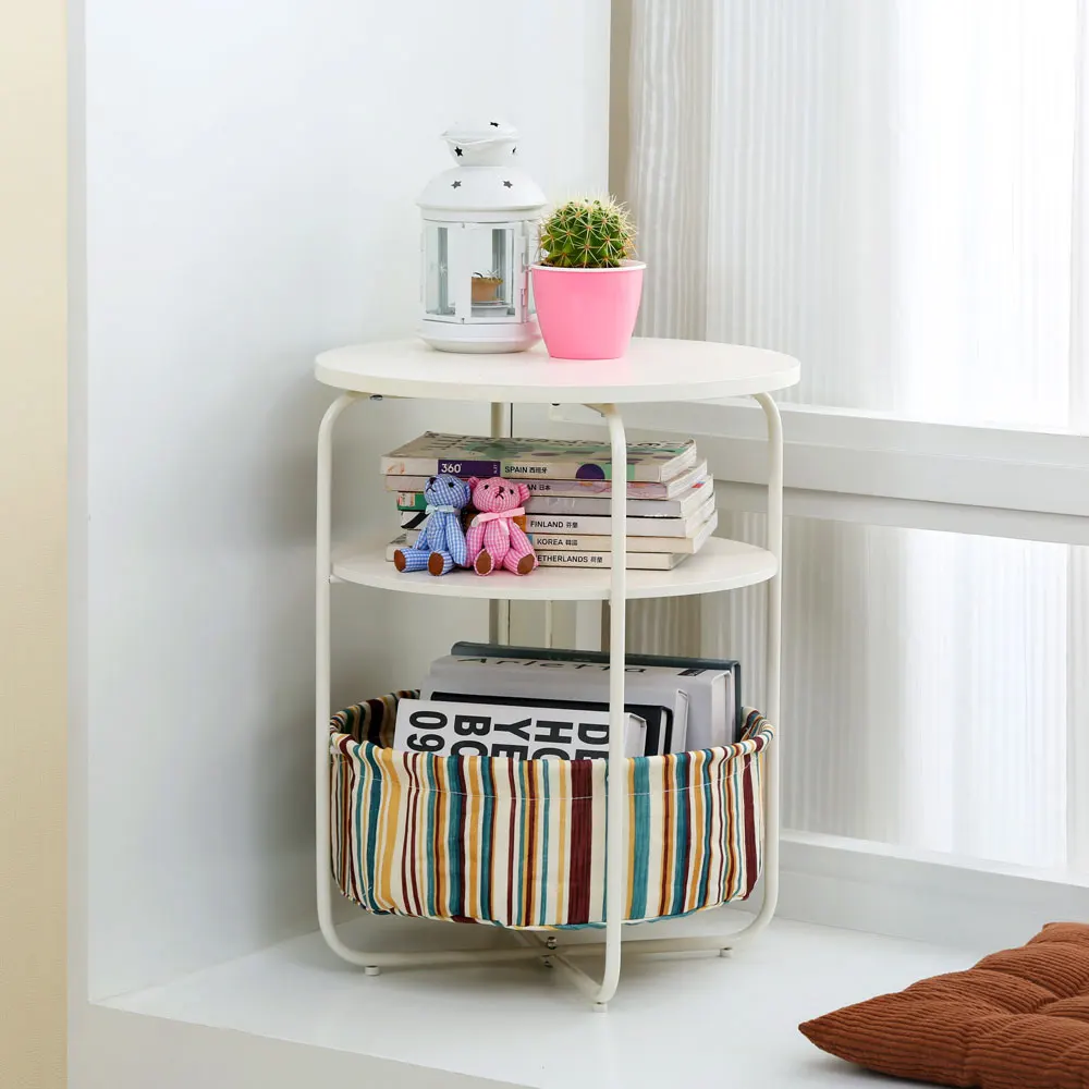 Round Wooden Side Table 3 Tiers With a Book Storage Canvas Basket Bag