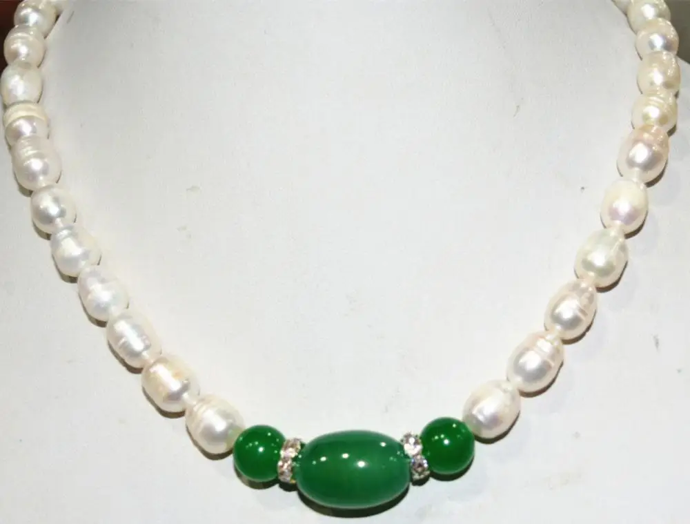 

Hot sell Noble- FREE SHIPPING>>>@@ charming white akoya cultured pearl & green agate + CZ Necklace 18 WW #@