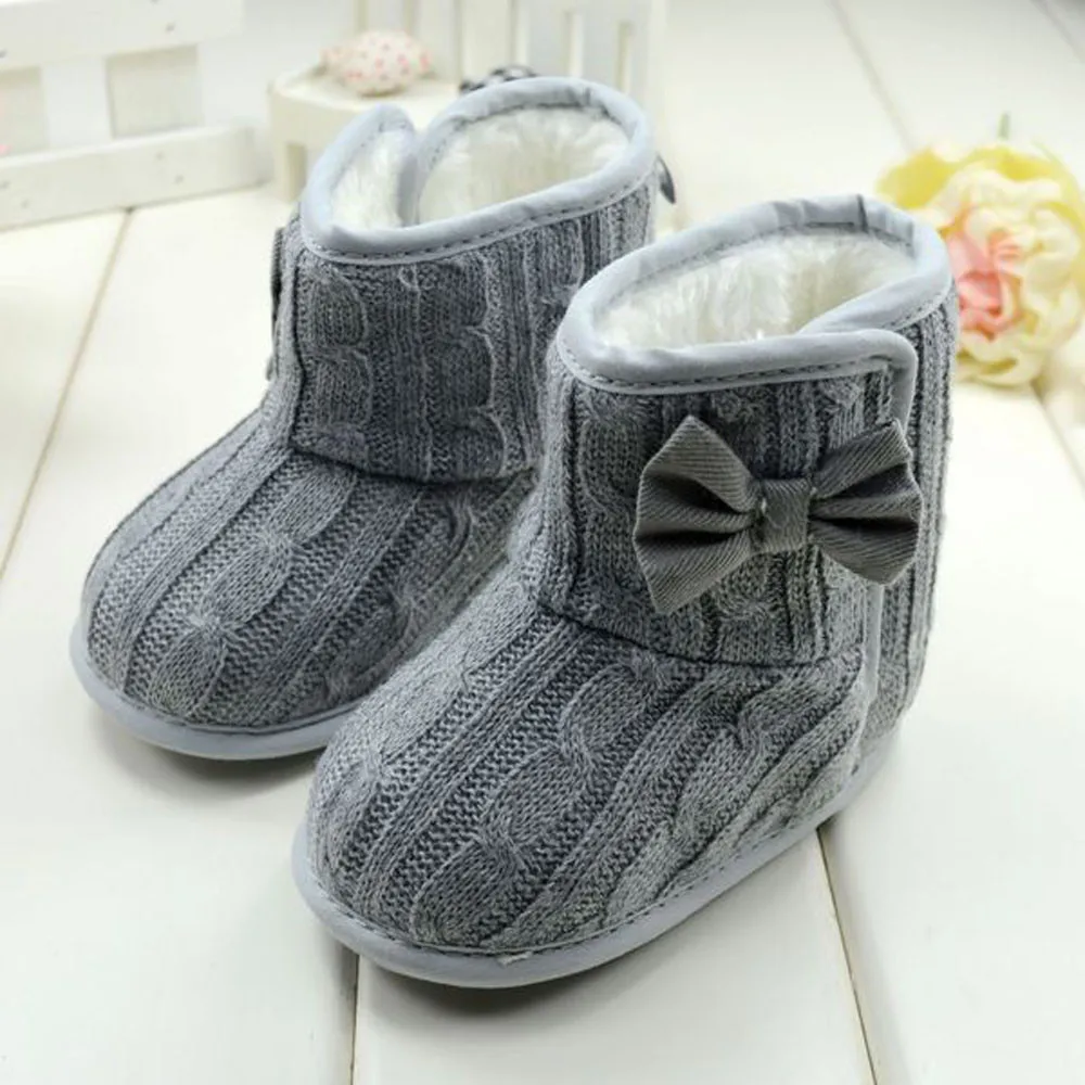 Теплая зимняя обувь с бантиком и мягкой подошвой для маленьких девочек; вязаная обувь на липучке для маленьких девочек; модные повседневные ботинки