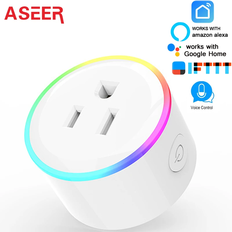 ASEER Tuya умная розетка, ЕС Wi-Fi розетка, RGB светодиодный режим сцены US mini wifi розетка, таймер разъем Alexa Google IFTTT