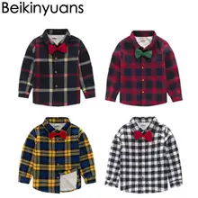 Рубашка джентльмена для мальчиков зимняя новая детская одежда с галстуком-бабочкой теплая плотная рубашка в клетку из замши и бархата с длинными рукавами