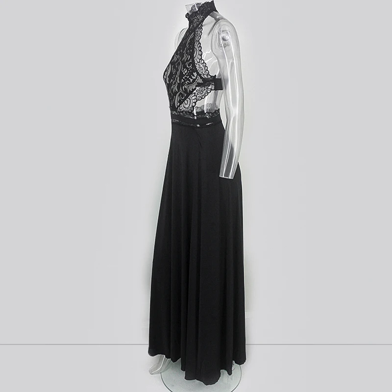 Black Red Split Hollow Out Lace Backless Long Maxi Dress