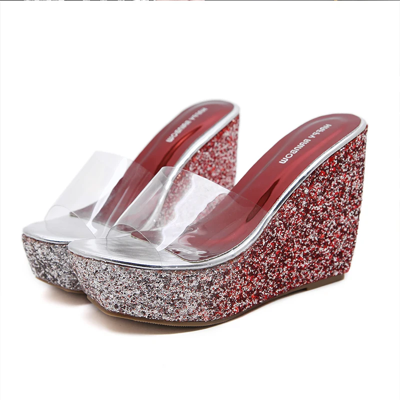 

2019 Women Slippers Transparent High Heels Wedges Shoes Platform Women Sandals Slides Open Toe Party Sandals Female Gold Silver