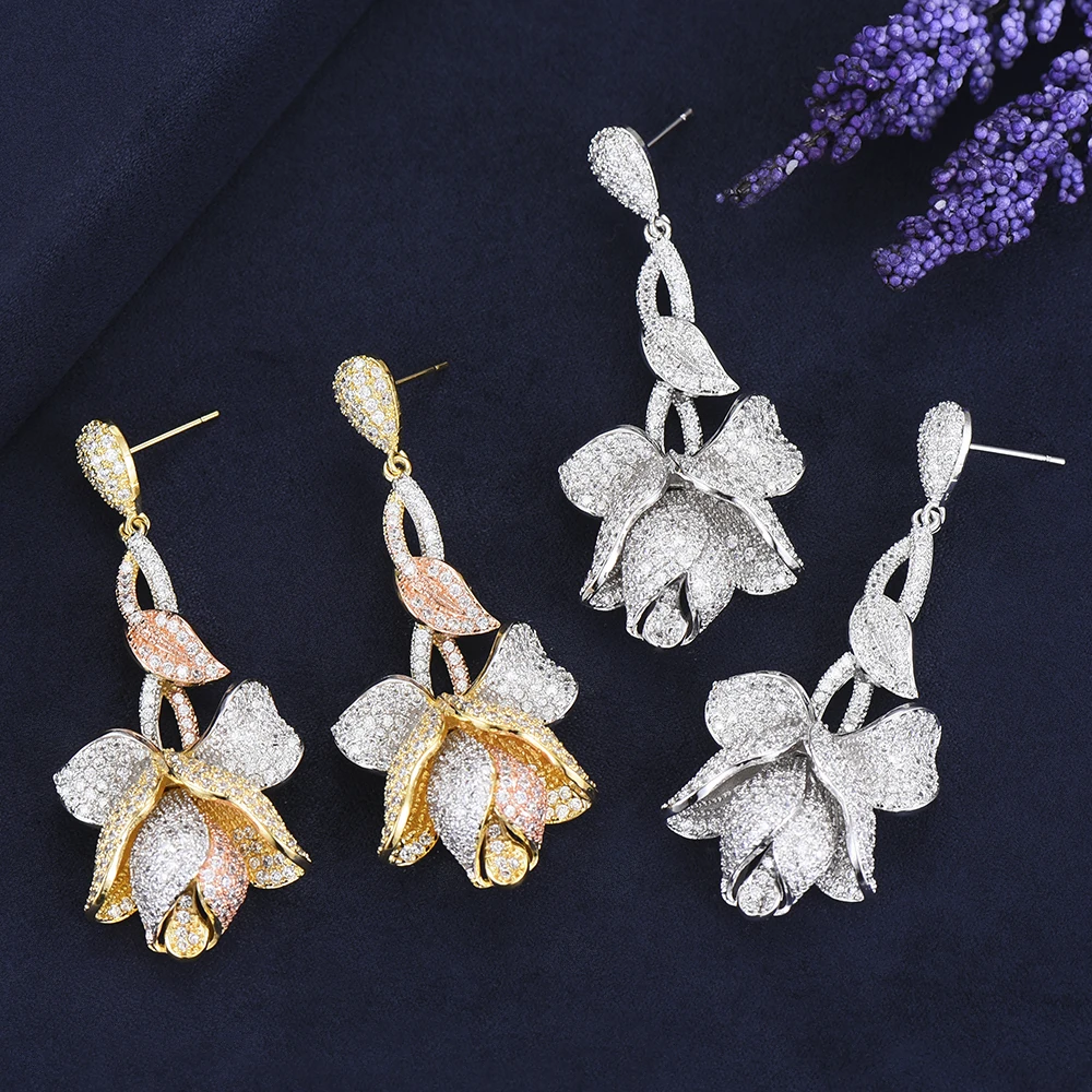 

Mirco Paved Cubic Zirconia Wedding Blooming Flower Pendant Drop Earring boucle d'oreille femme Luxury Trendy Earrings Jewelry
