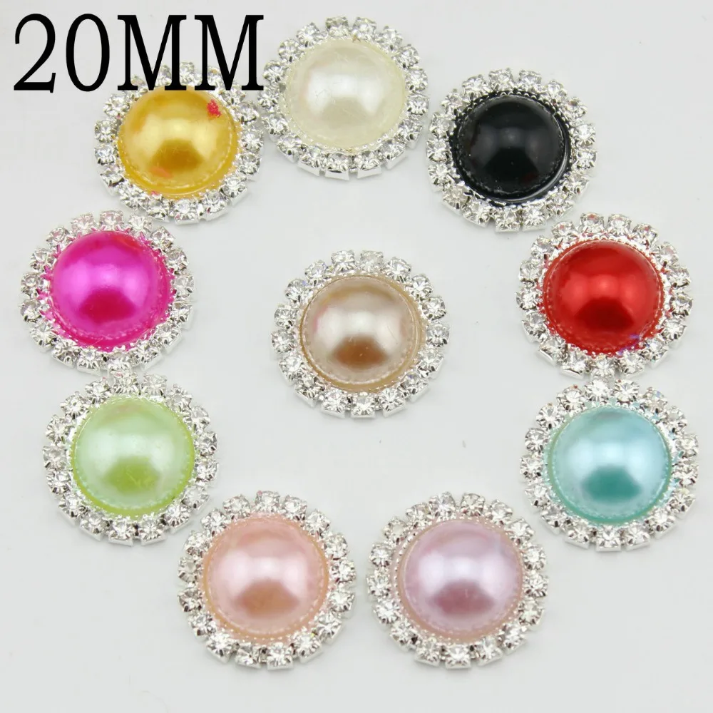 20pcs/pack 20mm colourful round metal rhinestone pearl button flat back