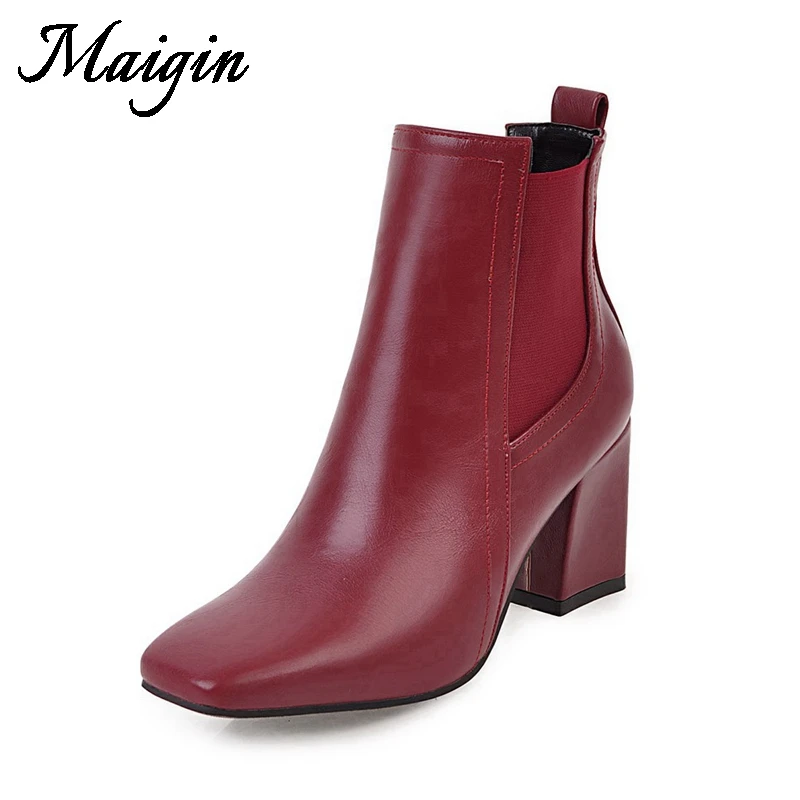 Maigin Square Toe Ankle Women Boots Soft Leather High Heels Booties 2018 Big Size 34-43 Footwear Elastic Band Female Shoes