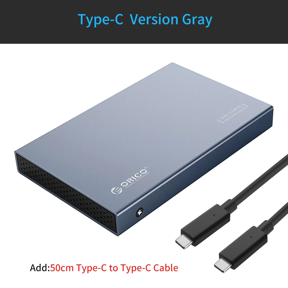 Чехол для жесткого диска ORICO из алюминиевого сплава USB3.1 Gen2 2,5 ''type-C с поддержкой 7 мм и 9,5 мм с кабелем 50 см C-C