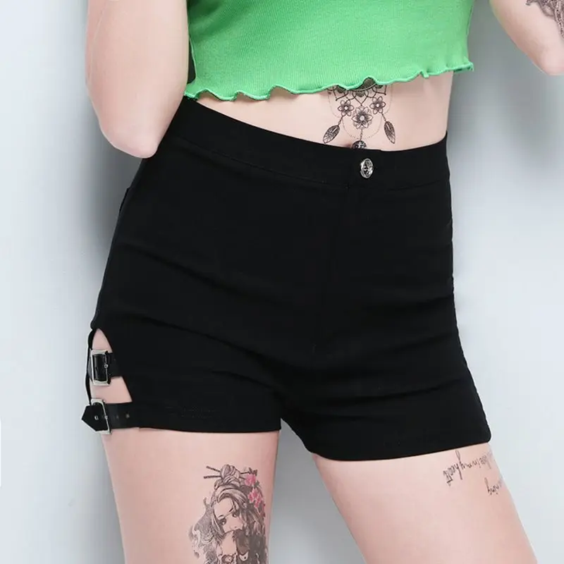 

Sexy Hip Hop Black Summer Gothic Women Shorts Skinny Thin Plain Button Hole Office Ladies High Waist Female Fashion Chic Shorts
