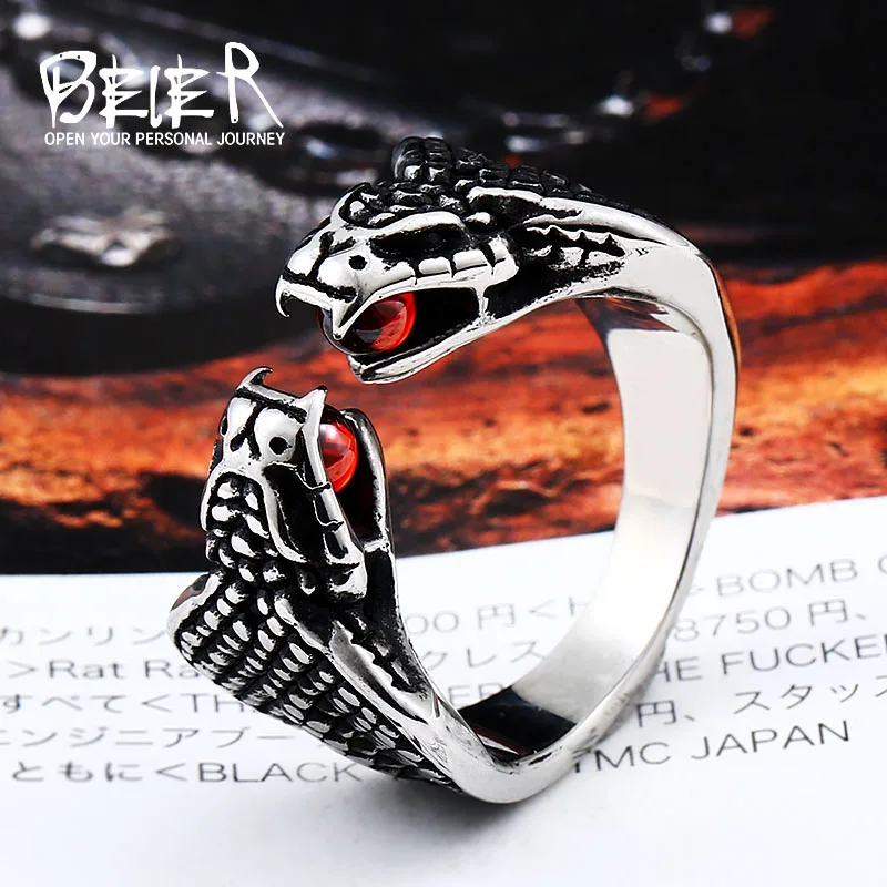 

Beier new store 316L Stainless Steel top quality double snake Red beads ring Fashion Jewelry Adjustable men's ring LLBR8-326R