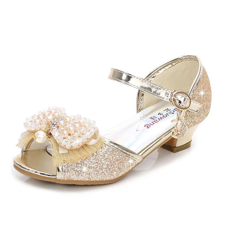 Princess Style Party Shoes Children Sandals Girls Glitter Wedding Crystal High Heel Shoes Open Toe Kids Sandals for Girl CSH819 - Цвет: Золотой