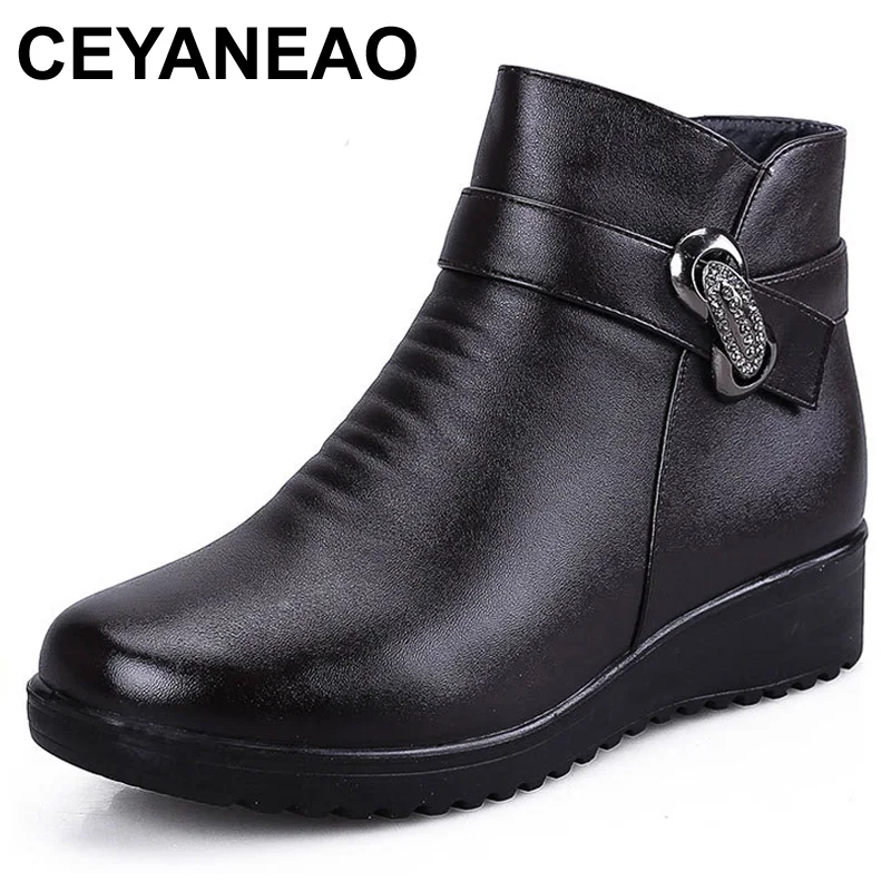 Ceyaneao2019 модная зимняя обувь Женские ботильоны из натуральной кожи на танкетке