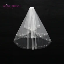 Wowbridal изящные невесты фата три- слой жемчугом картина блесток бисера край органзы свадебные аксессуары