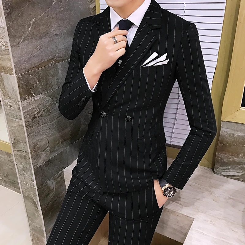 Пиджак+ жилет+ брюки) высококлассный брендовый мужской модный бутик полосатый строгий костюм жениха/мужской двубортный деловой костюм