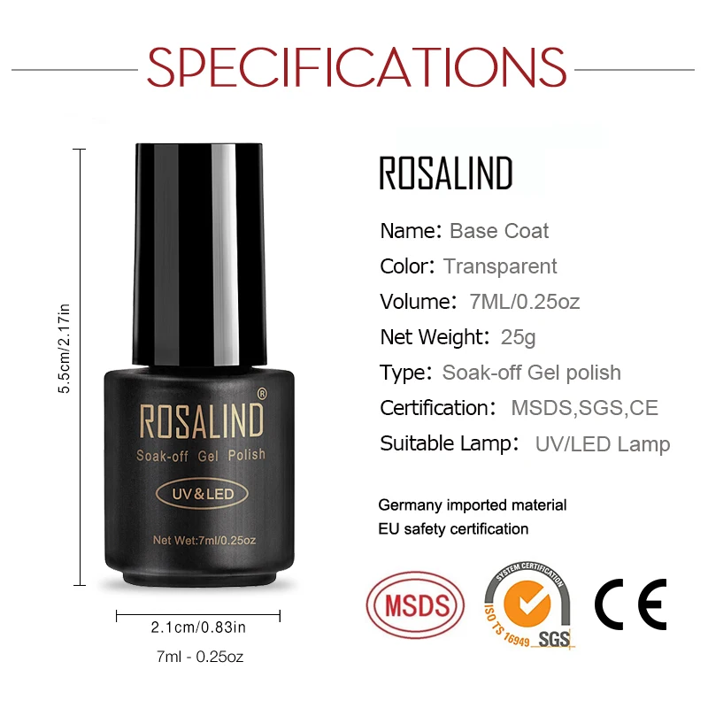 Rosalind, Базовое покрытие для ногтей, 7 мл, блестящий герметик для маникюра, замачивается, УФ-основа, долговечный праймер для ногтей, гель-лаки