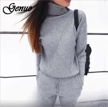 

Autumn Winter Knitted Tracksuit Turtleneck Sweatshirts Casual Suit Women Clothing 2 Piece Set Knit Pant Sporting Suit Female