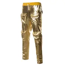 XIU LUO металлические мужские брюки модные бронзовые хип-хоп брюки с несколькими карманами мужские повседневные мотоциклетные брюки из искусственной кожи для бега