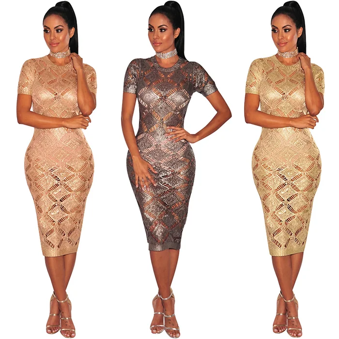 

2019 Women Fashion Midi Dress Hollow Out Sexy Golden Club Dress O-neck Short Sleeve Slim Bodycon Knit Dress Vestidos Robe 2019