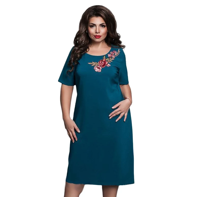 WJ летнее женское элегантное офисное вечернее платье большого размера, женское цветочное вышитое платье размера плюс 4XL-6XL - Цвет: Синий