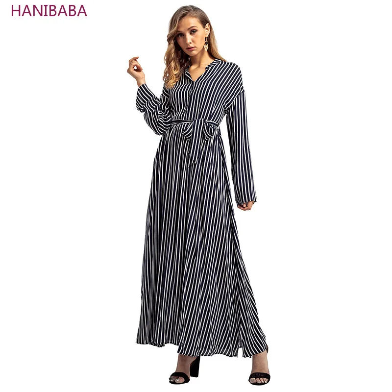 

Vintage Black and White Striped MAXI Dress Womens Bandage Dress Long-sleeve POLO Collar Plus Robes Casual Office Female Vestidos