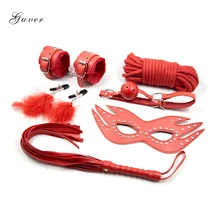 6Pcs/set Guver Fetish Bondage Handcuffs Leather Whip Eyemask Feather Nipple Clamps Mouth Gag Cotton Rope Kit Sex Toys for Couple
